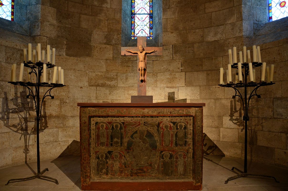 New York Cloisters 07 004 Langon Chapel - Christ On Cross Austria 1125-50, Altar Enthroned Virgin and Child Catalan Spain 1225